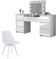 Artool Set masa de toaleta/machiaj Antonia + scaun Mark, alb, sertare lucioase, cu oglinda si LED-uri, 155x42x135 cm (143363+4014_1)
