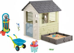 Smoby Set căsuță cu loc de joacă cu nisip și grădină cu remorcă Square Playhouse Life Smoby set extensibil tip căsuță și cărucior cu unelte de grădină și găleată (SM810740A-3) Casuta pentru copii