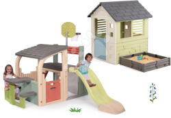 Smoby Set căsuță cu loc de nisip 2în1 și centru de joacă Square Playhouse Life Smoby extensibil cu tobogan cu filtru UV (SM810740A-11) Casuta pentru copii