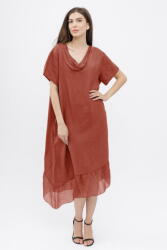SHOPIKA Rochie caramizie usor asimetrica A-line, din in cu guler si volan din matase, oversize Talie unica