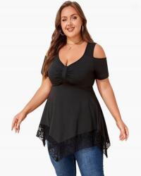  Női tunika csipkével Plus Size 2XL Nyitott vállú blúz Fekete (B0F9N881TP)