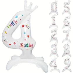 Flippy Balon din Folie Metalizata, Flippy, Figurina Cifra, Model 4 cu Happy Birthday Scris, Tema Aniversare 81 cm, Ambalaj Individual, Pai Inclus, Umflare cu Aer sau Heliu, Alb (133940)
