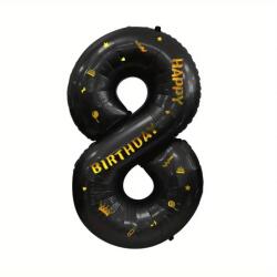 Flippy Balon din Folie Metalizata Flippy, Figurina Cifra, Scris Happy Birthday, Tema Aniversare 100 cm, Ambalaj Individual, Pai inclus, Umflare cu Aer sau Heliu, Negru, Cifra 8 (129275)