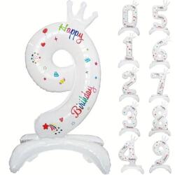 Flippy Balon din Folie Metalizata, Flippy, Figurina Cifra, Model 9 cu Happy Birthday Scris, Tema Aniversare 81 cm, Ambalaj Individual, Pai Inclus, Umflare cu Aer sau Heliu, Alb (133945)