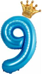 Flippy Balon din Folie Metalizata Flippy, Figurina Cifra si Coroana, Tema Aniversare 100 cm, Ambalaj Individual, Pai inclus, Umflare cu Aer sau Heliu, Albastru, Cifra 9 (129256)