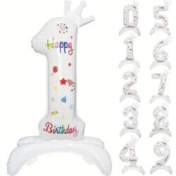 Flippy Balon din Folie Metalizata, Flippy, Figurina Cifra, Model 1 cu Happy Birthday Scris, Tema Aniversare 81 cm, Ambalaj Individual, Pai Inclus, Umflare cu Aer sau Heliu, Alb (133937)
