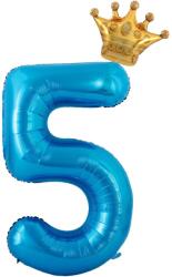 Flippy Balon din Folie Metalizata Flippy, Figurina Cifra si Coroana, Tema Aniversare 100 cm, Ambalaj Individual, Pai inclus, Umflare cu Aer sau Heliu, Albastru, Cifra 5 (129252)