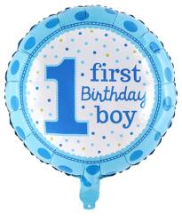 Flippy Balon din Folie Metalizata, Flippy, Prima Aniversare, Model First Birthday Boy, 45 cm, Ambalaj Individual, Pai Inclus, Umflare cu Aer sau Heliu, Albastru (127480)