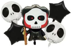 Flippy Set 5 Baloane din Folie Metalizata, Flippy, Figurine, Tema Halloween, Pai Inclus, Ambalaj Individual, Umflare cu Aer sau Heliu, Figurina Craniu 50.5x74 cm, Stelute si Cerculete 45 cm, Alb-Negru (12994