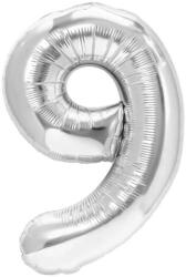 Flippy Balon din Folie Metalizata Flippy, Figurina Cifra, Tema Aniversare 40 cm, Ambalaj Individual, Pai inclus, Umflare cu Aer sau Heliu, Argintiu, Cifra 9 (129215)
