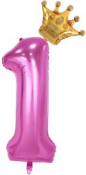 Flippy Balon din Folie Metalizata Flippy, Figurina Cifra si Coroana, Tema Aniversare 100 cm, Ambalaj Individual, Pai inclus, Umflare cu Aer sau Heliu, Roz, Cifra 1 (129238)