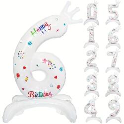Flippy Balon din Folie Metalizata, Flippy, Figurina Cifra, Model 6 cu Happy Birthday Scris, Tema Aniversare 81 cm, Ambalaj Individual, Pai Inclus, Umflare cu Aer sau Heliu, Alb (133942)