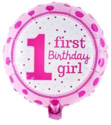 Flippy Balon din Folie Metalizata, Flippy, Prima Aniversare, Model First Birthday Girl, 45 cm, Ambalaj Individual, Pai Inclus, Umflare cu Aer sau Heliu, Roz (127481)