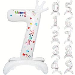 Flippy Balon din Folie Metalizata, Flippy, Figurina Cifra, Model 7 cu Happy Birthday Scris, Tema Aniversare 81 cm, Ambalaj Individual, Pai Inclus, Umflare cu Aer sau Heliu, Alb (133943)
