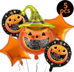 Flippy Set 5 Baloane din Folie Metalizata, Flippy, Figurine, Tema Halloween, Pai Inclus, Ambalaj Individual, Umflare cu Aer sau Heliu, Figurina Dovleac 54x87 cm, Stelute si Cerculete 45 cm, Multicolor (12993