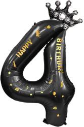 Flippy Balon din Folie Metalizata Flippy, Figurina Cifra si Coroana, Scris Happy Birthday, Tema Aniversare 100 cm, Ambalaj Individual, Pai inclus, Umflare cu Aer sau Heliu, Negru, Cifra 4 (129261)