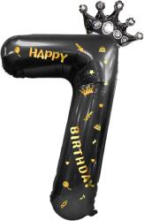 Flippy Balon din Folie Metalizata Flippy, Figurina Cifra si Coroana, Scris Happy Birthday, Tema Aniversare 100 cm, Ambalaj Individual, Pai inclus, Umflare cu Aer sau Heliu, Negru, Cifra 7 (129264)