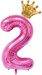 Flippy Balon din Folie Metalizata Flippy, Figurina Cifra si Coroana, Tema Aniversare 100 cm, Ambalaj Individual, Pai inclus, Umflare cu Aer sau Heliu, Roz, Cifra 2 (129239)