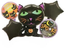 Flippy Set 5 Baloane din Folie Metalizata, Flippy, Figurine, Tema Halloween, Pai Inclus, Ambalaj Individual, Umflare cu Aer sau Heliu, Figurina Pisica 65x49 cm, Stelute si Cerculete 45 cm, Negru (129941)