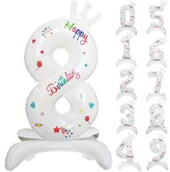 Flippy Balon din Folie Metalizata, Flippy, Figurina Cifra, Model 8 cu Happy Birthday Scris, Tema Aniversare 81 cm, Ambalaj Individual, Pai Inclus, Umflare cu Aer sau Heliu, Alb (133944)