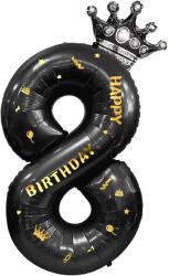 Flippy Balon din Folie Metalizata Flippy, Figurina Cifra si Coroana, Scris Happy Birthday, Tema Aniversare 100 cm, Ambalaj Individual, Pai inclus, Umflare cu Aer sau Heliu, Negru, Cifra 8 (129265)