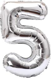 Flippy Balon din Folie Metalizata Flippy, Figurina Cifra, Tema Aniversare 40 cm, Ambalaj Individual, Pai inclus, Umflare cu Aer sau Heliu, Argintiu, Cifra 5 (129211)