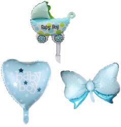 Flippy Set 3 Baloane din Folie Metalizata, Flippy, Figurine Carucior, Inima, Fundita, Tema Botez, 45 cm, Ambalaj Individual, Pai Inclus, Umflare cu Aer sau Heliu, Albastru (130974)