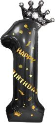 Flippy Balon din Folie Metalizata Flippy, Figurina Cifra si Coroana, Scris Happy Birthday, Tema Aniversare 100 cm, Ambalaj Individual, Pai inclus, Umflare cu Aer sau Heliu, Negru, Cifra 1 (129258)