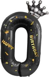 Flippy Balon din Folie Metalizata Flippy, Figurina Cifra si Coroana, Scris Happy Birthday, Tema Aniversare 100 cm, Ambalaj Individual, Pai inclus, Umflare cu Aer sau Heliu, Negru, Cifra 0 (129257)
