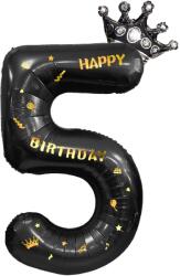 Flippy Balon din Folie Metalizata Flippy, Figurina Cifra si Coroana, Scris Happy Birthday, Tema Aniversare 100 cm, Ambalaj Individual, Pai inclus, Umflare cu Aer sau Heliu, Negru, Cifra 5 (129262)