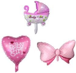 Flippy Set 3 Baloane din Folie Metalizata, Flippy, Figurine Carucior, Inima, Fundita, Tema Botez, 45 cm, Ambalaj Individual, Pai Inclus, Umflare cu Aer sau Heliu, Roz (130973)