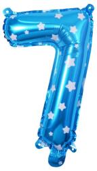 Flippy Balon din Folie Metalizata Flippy, Figurina Cifra, Imprimeu Stele, Tema Aniversare 80 cm, Ambalaj Individual, Pai inclus, Umflare cu Aer sau Heliu, Albastru, Cifra 7 (127185)
