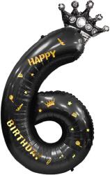 Flippy Balon din Folie Metalizata Flippy, Figurina Cifra si Coroana, Scris Happy Birthday, Tema Aniversare 100 cm, Ambalaj Individual, Pai inclus, Umflare cu Aer sau Heliu, Negru, Cifra 6 (129263)