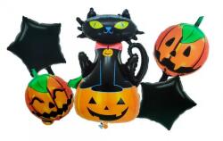 Flippy Set 5 Baloane din Folie Metalizata, Flippy, Figurine, Tema Halloween, Pai Inclus, Ambalaj Individual, Umflare cu Aer sau Heliu, Figurina Dovleac si Pisica 90x60 cm, Stelute si Cerculete 45 cm, Portoca