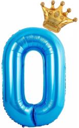 Flippy Balon din Folie Metalizata Flippy, Figurina Cifra si Coroana, Tema Aniversare 100 cm, Ambalaj Individual, Pai inclus, Umflare cu Aer sau Heliu, Albastru, Cifra 0 (129247)