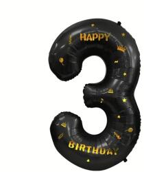 Flippy Balon din Folie Metalizata Flippy, Figurina Cifra, Scris Happy Birthday, Tema Aniversare 100 cm, Ambalaj Individual, Pai inclus, Umflare cu Aer sau Heliu, Negru, Cifra 3 (129270)
