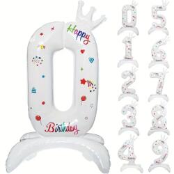 Flippy Balon din Folie Metalizata, Flippy, Figurina Cifra, Model 0 cu Happy Birthday Scris, Tema Aniversare 81 cm, Ambalaj Individual, Pai Inclus, Umflare cu Aer sau Heliu, Alb (133936)