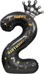 Flippy Balon din Folie Metalizata Flippy, Figurina Cifra si Coroana, Scris Happy Birthday, Tema Aniversare 100 cm, Ambalaj Individual, Pai inclus, Umflare cu Aer sau Heliu, Negru, Cifra 2 (129259)
