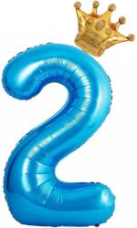 Flippy Balon din Folie Metalizata Flippy, Figurina Cifra si Coroana, Tema Aniversare 100 cm, Ambalaj Individual, Pai inclus, Umflare cu Aer sau Heliu, Albastru, Cifra 2 (129249)