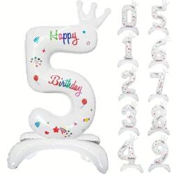 Flippy Balon din Folie Metalizata, Flippy, Figurina Cifra, Model 5 cu Happy Birthday Scris, Tema Aniversare 81 cm, Ambalaj Individual, Pai Inclus, Umflare cu Aer sau Heliu, Alb (133941)