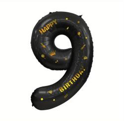 Flippy Balon din Folie Metalizata Flippy, Figurina Cifra, Scris Happy Birthday, Tema Aniversare 100 cm, Ambalaj Individual, Pai inclus, Umflare cu Aer sau Heliu, Negru, Cifra 9 (129276)