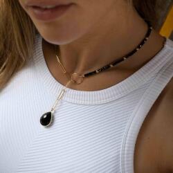 Ezera Colier lariat cu piatra naturala onix negru in forma de lacrima placat cu aur (CLKIRAON)