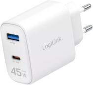 LogiLink Kettős USB aljzatú adapter, 45 W, GaN, 1x USB-A, 1x USB-C, fehér (PA0410)