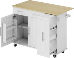 HomCom Insula de Bucătărie HOMCOM cu 5 Roți și Suport pentru Prosoape, 2 Sertare, 4 Rafturi și Dulap, din Lemn, 129x65x91 cm | Aosom Romania (801-410V00WT)