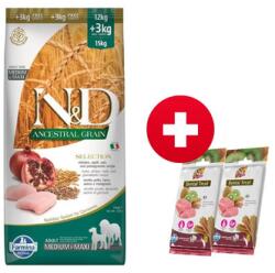 FARMINA N&D Ancestral Selection Dog chicken and pomegranate Adult Medium & Maxi 15 kg + 2x FARMINA N&D Tropical Selection Dental Treat Pork Medium/Maxi 100 g INGYEN!