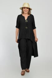 Shopika Compleu din in, cu nasturi decorativi, cu pantaloni si bluza tunica mai lunga in spate, negru Talie unica