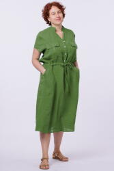 SHOPIKA Rochie de vara midi din in cu buzunare si siret in talie, verde olive Talie unica