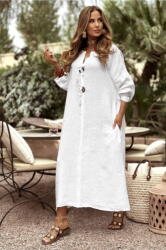 SHOPIKA Rochie oversize din in, cu nasturi pe piept, alba Talie unica