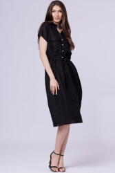 SHOPIKA Rochie de vara midi din in cu buzunare si siret in talie, neagra Talie unica