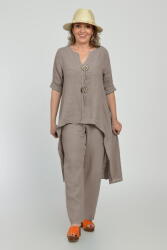 Shopika Compleu din in, cu nasturi decorativi, cu pantaloni si bluza tunica mai lunga in spate, bej inchis Talie unica
